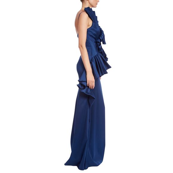 Badgley Mischka Ruffle Accent Sculptural Swirl Maxi Evening Dress Blue Size 12 - Picture 2 of 7